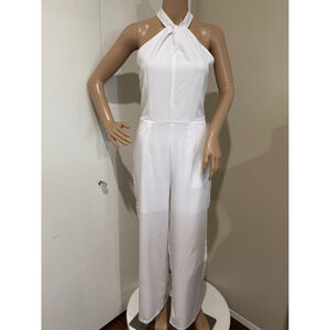Women's Unbranded White twist Neck open shoulder lined Jumpsuit S pockets